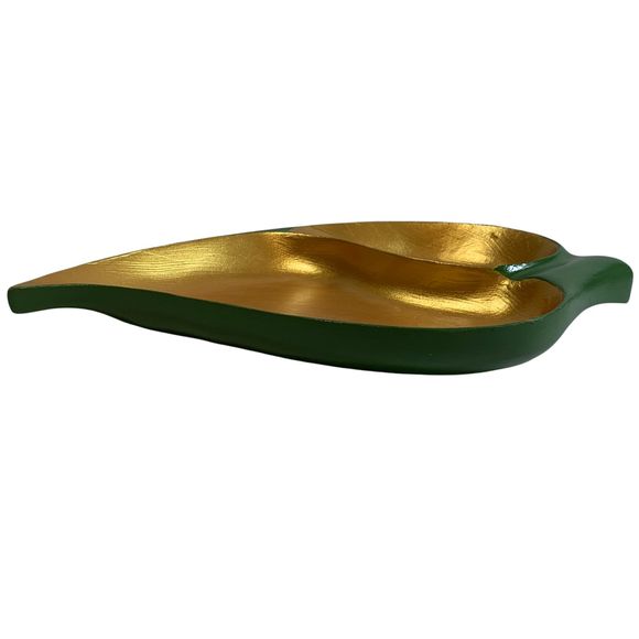 Trinket Dish Wood Low Leaf Bowl 2 Section Green Metallic Gold Monkey Pod Hawaii - Picture 2 of 9